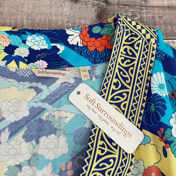 Soft Surroundings Cardigan Topper Women's L/XL Blue Yellow Floral Open Front - Picture 5 of 13